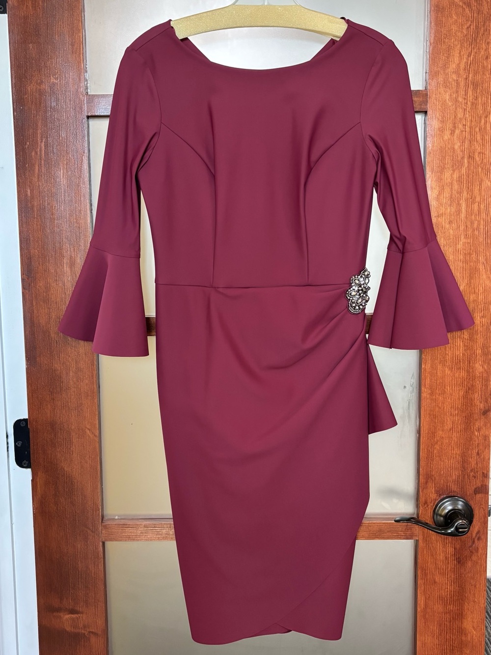 Alex Evenings Burgundy Bell-Sleeve Sheath Dress with Brooch Detail